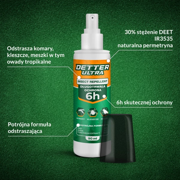 Środek na komary, kleszcze, meszki dla ludzi Detter Ultra spray 30% DEET 90ml.